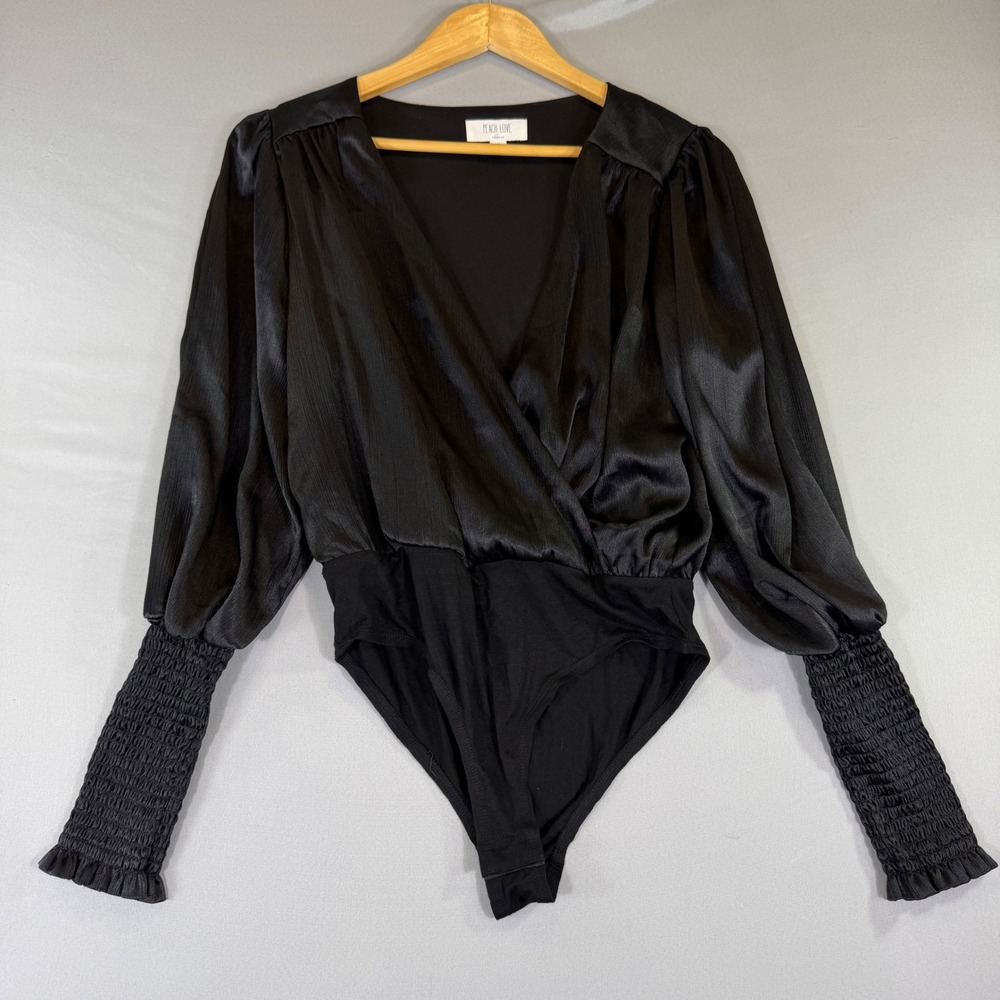 Black Satin Wrap Bodysuit Medium Smocked Cuff Romantic Cocktail Holiday Glam